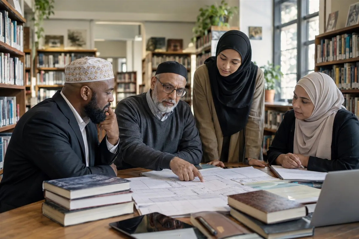 Illustrative trustees reviewing a community-library maintenance plan