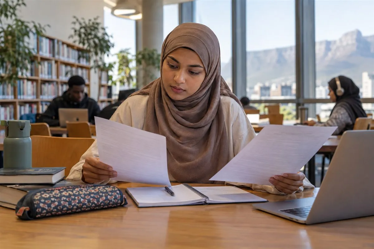 Illustrative student examining financing terms in a library