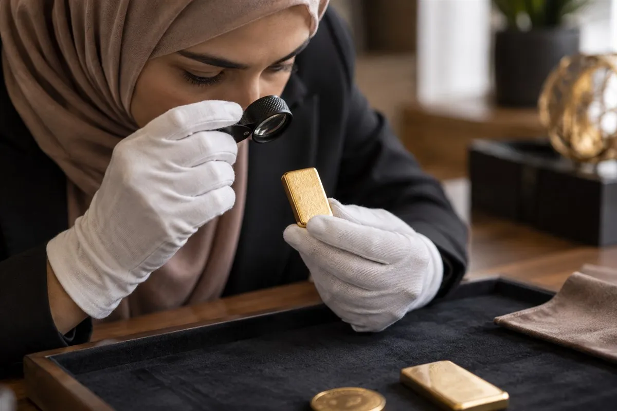 Illustrative gold sample being examined with a jeweller's loupe