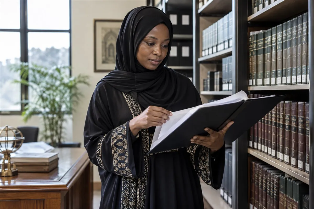 Illustrative trustee examining a trust-deed binder in an archive
