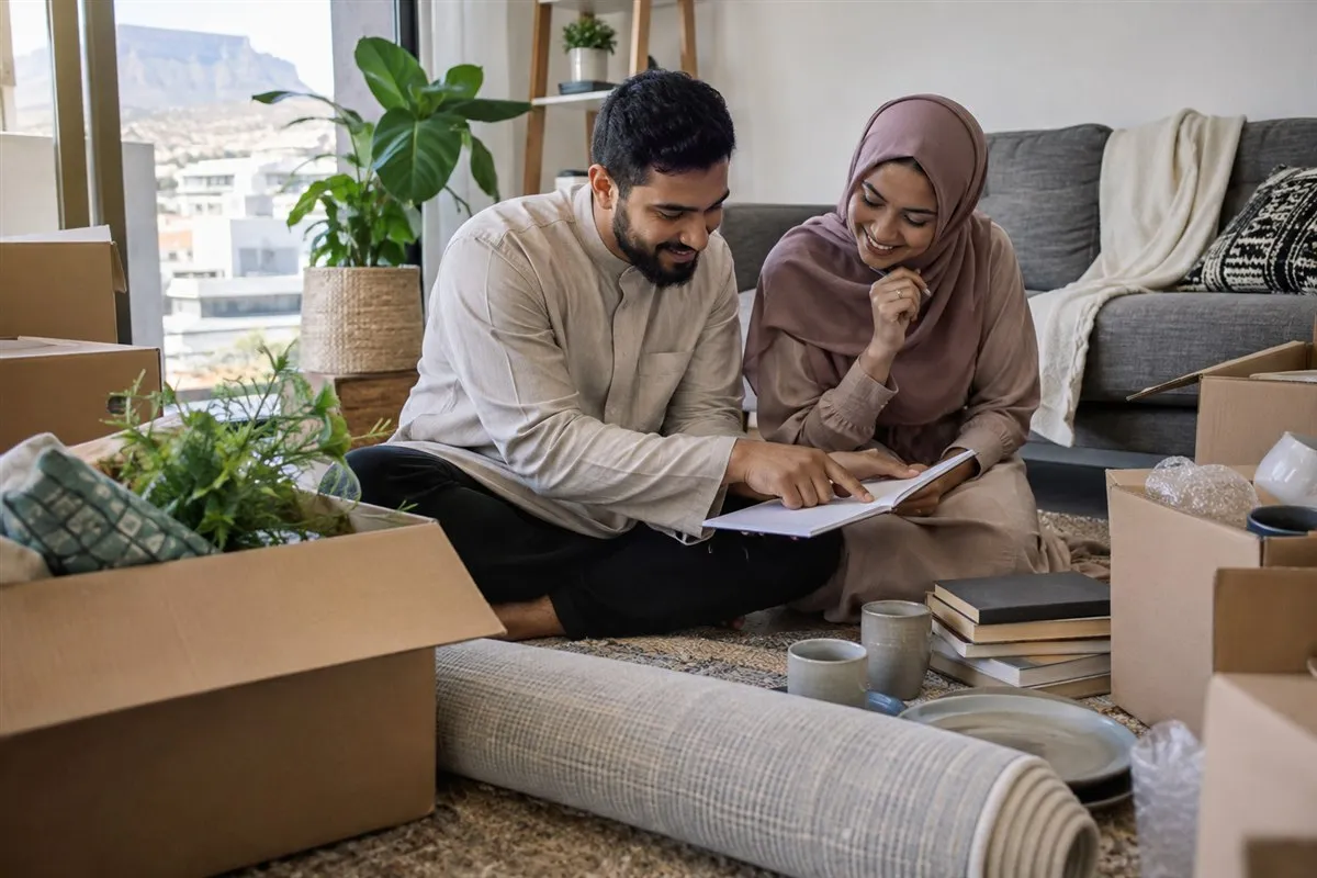 Illustrative couple planning shared finances while setting up a home