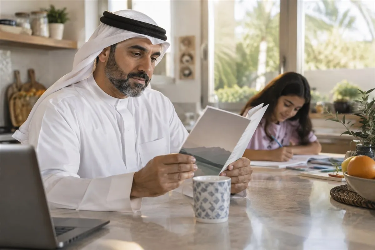 Illustrative parent reading protection-policy information at home