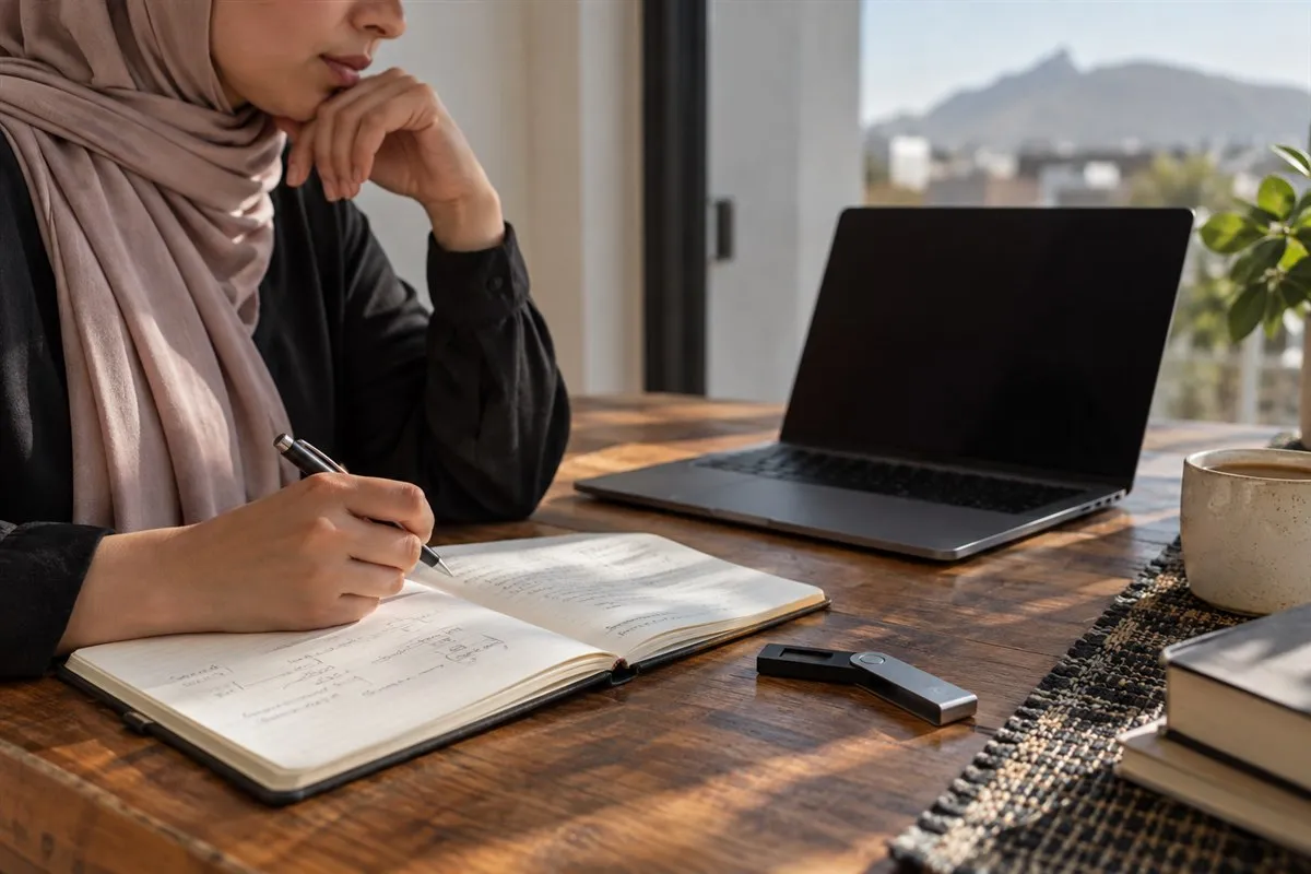 Illustrative digital-asset device beside a risk-review notebook