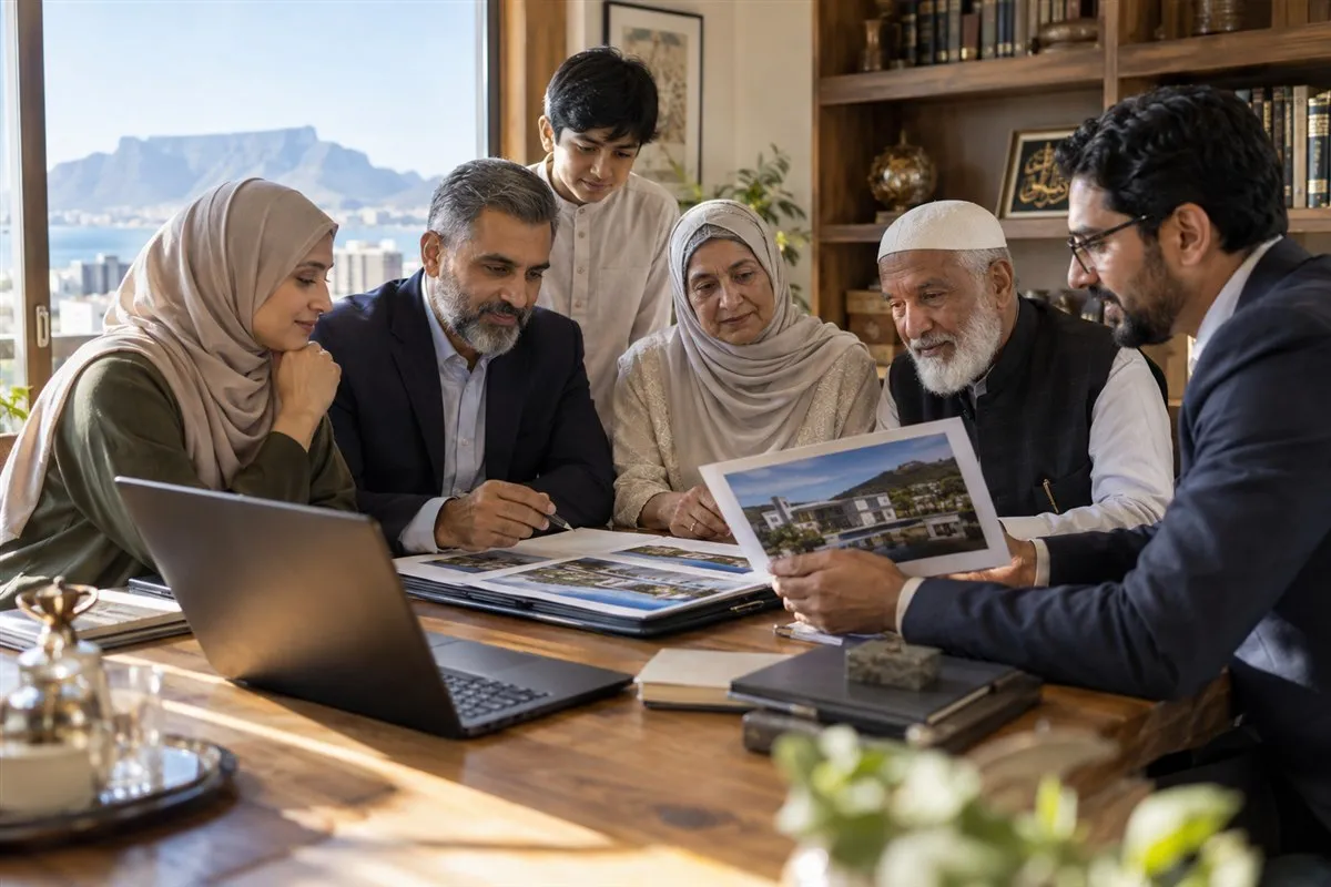 Illustrative family and professionals reviewing an estate portfolio