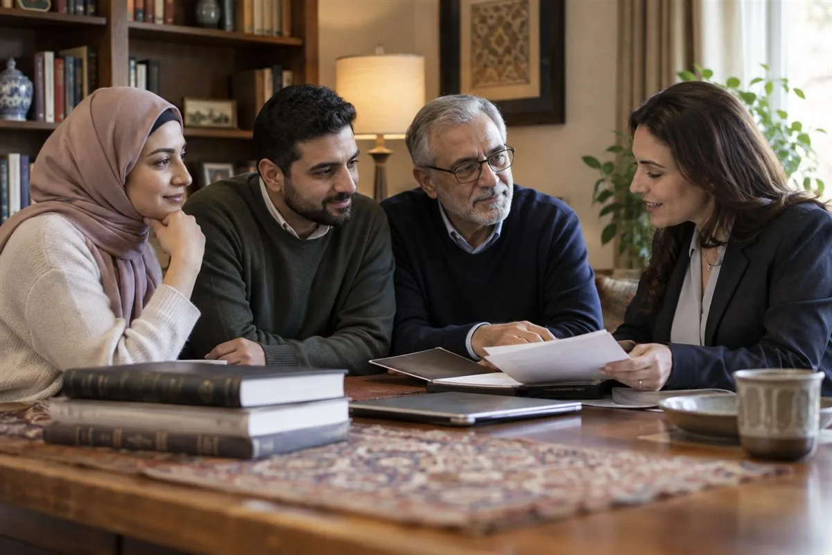 Illustrative extended family discussing estate documents with a professional