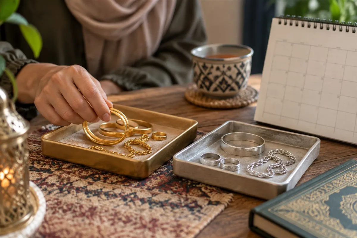 Illustrative gold and silver items beside a zakah planning calendar