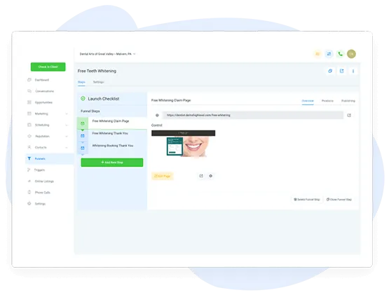  a marketing funnel creation interface for a teeth whitening campaign, showcasing step management and campaign setup tools to optimize client outreach and lead conversion.