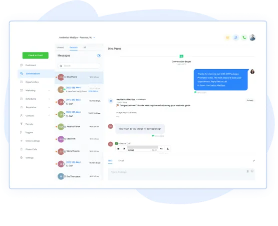 A messaging dashboard showing ongoing conversations, contact info, and menu options for managing messages.