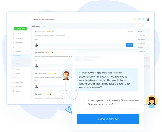 Customer review interface showing a conversation between a client and a business, encouraging feedback and reviews via an online platform.