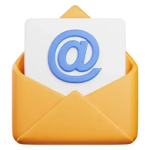 Yellow envelope with a white card inside displaying a blue "@" symbol, symbolizing email communication and digital outreach.