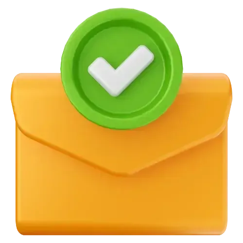 Orange envelope with a green checkmark badge indicating message sent or successfully delivered.