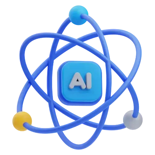 A stylized representation of artificial intelligence featuring a blue "AI" square at the center, surrounded by interconnected orbits and nodes