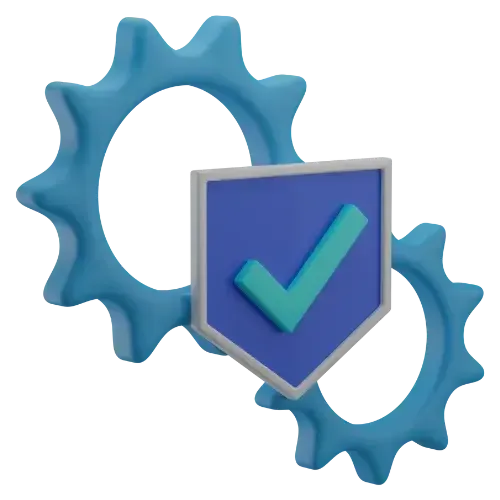 Blue gear with a shield and checkmark, representing settings, security, or system approval.