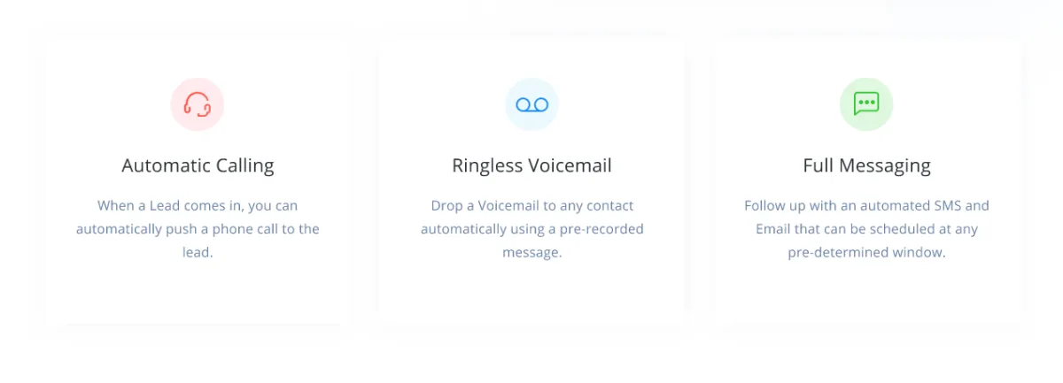 Digital marketing service features including automatic calling, ringless voicemail, and full messaging options.