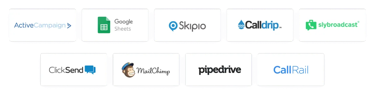 Logos of email marketing and communication tools including ActiveCampaign, Google Sheets, Skipio, CallDrip, and Slybroadcast.