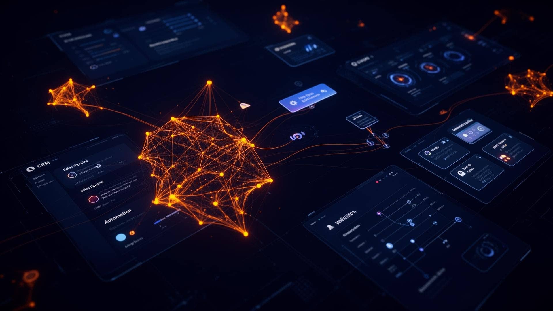 Dark digital dashboard showing CRM, sales pipeline, and automation connected by glowing orange network nodes.