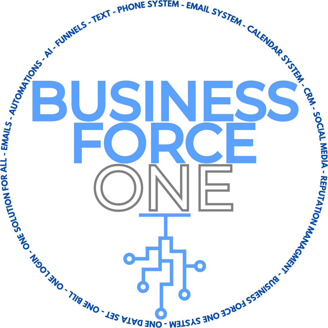 Business Force One logo featuring a blue circuit icon, surrounded by a circular text ring on a black background.