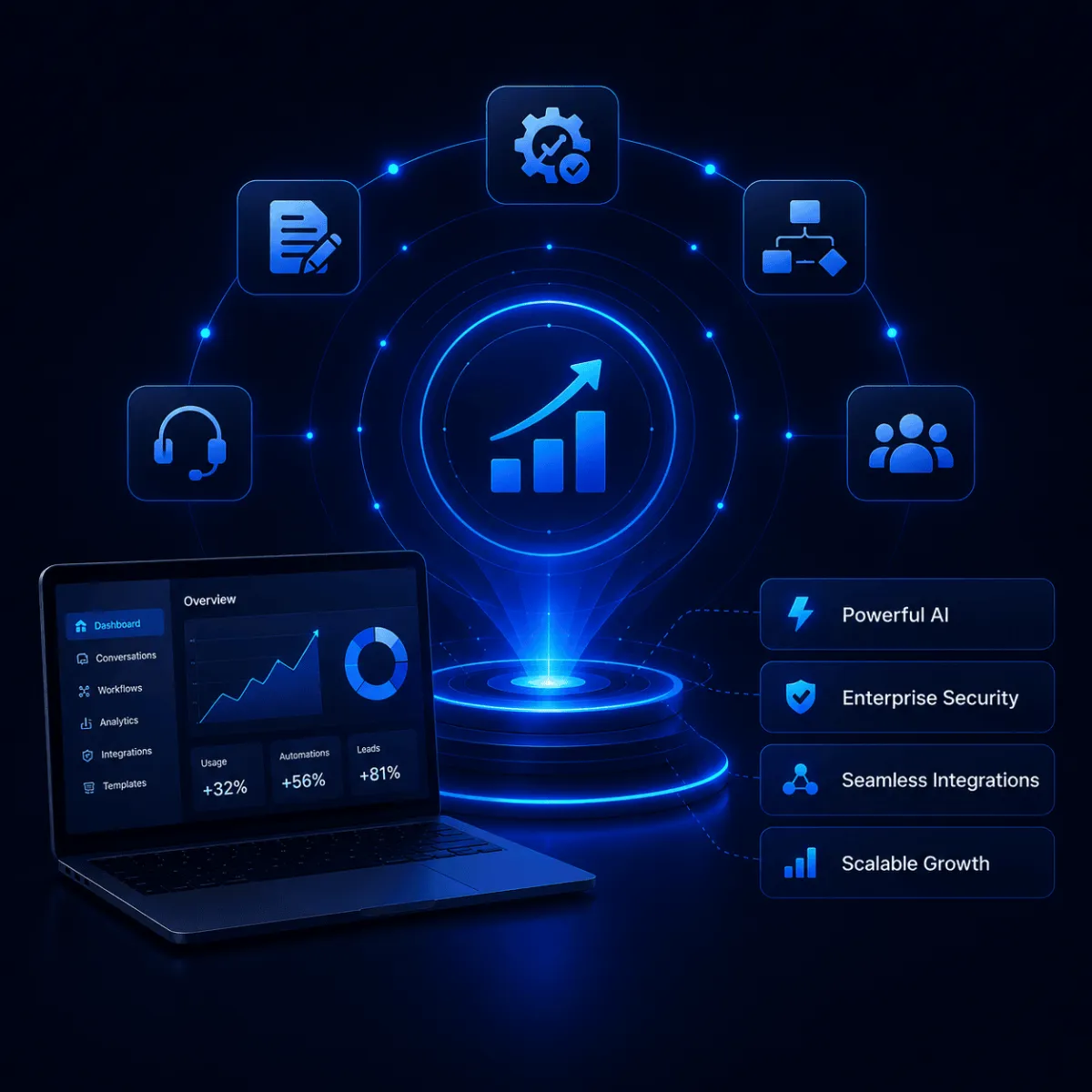 Laptop with a dashboard next to a glowing blue HUD interface showing growth charts, icons, and software features.