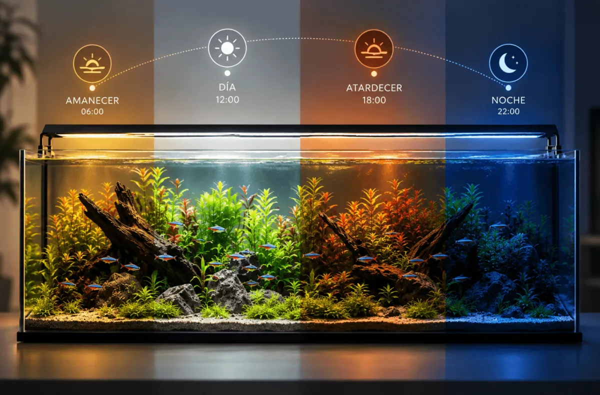 Lámpara Fullgain instalada sobre un acuario exuberante