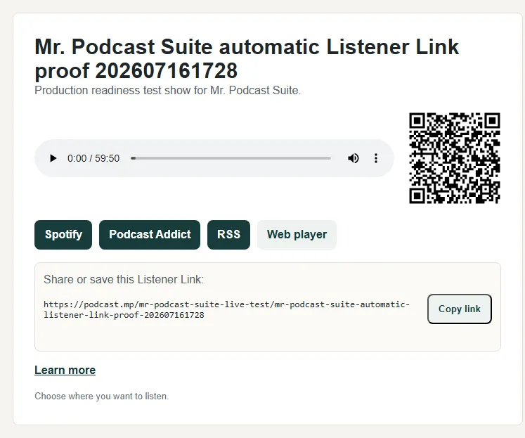 Mr. Podcast Listener Link episode page with listening services and copy-link action