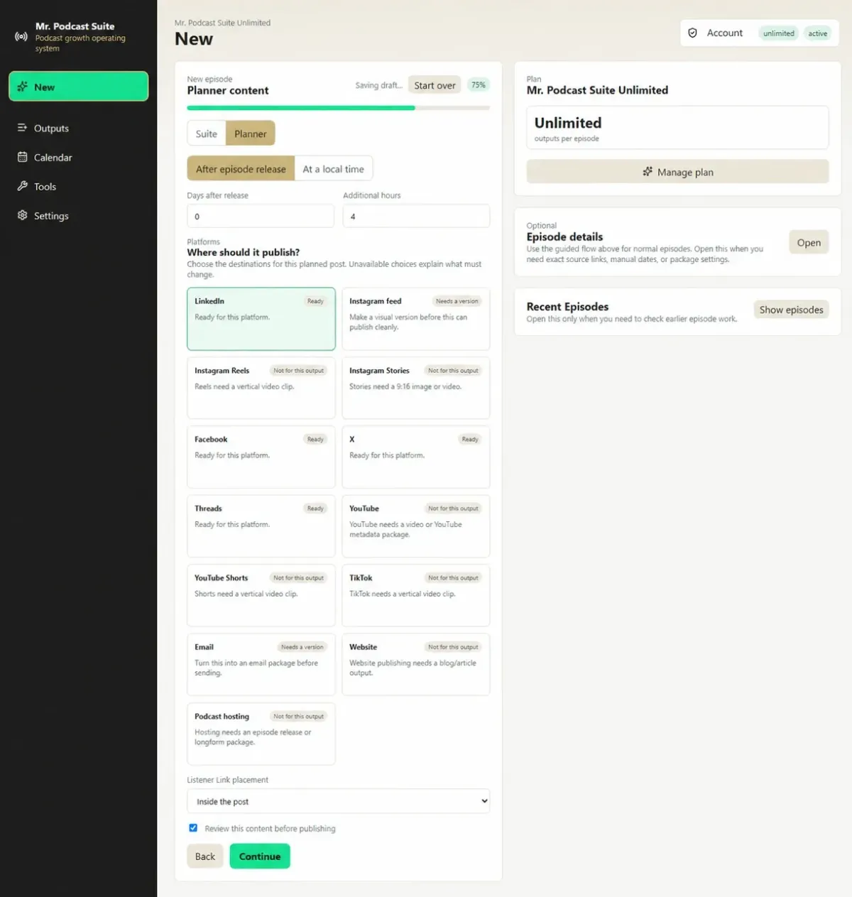Mr. Podcast Marketing Planner choosing timing, channels and review settings for one episode