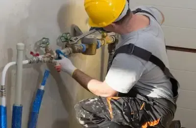 Plumber in hard hat adjusting wall-mounted pipe fittings and supply lines in Pickerington
