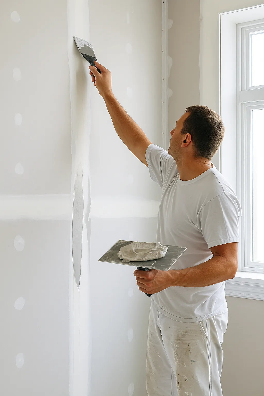 Painter gib stopping and applying plaster to smooth interior walls before final paintwork