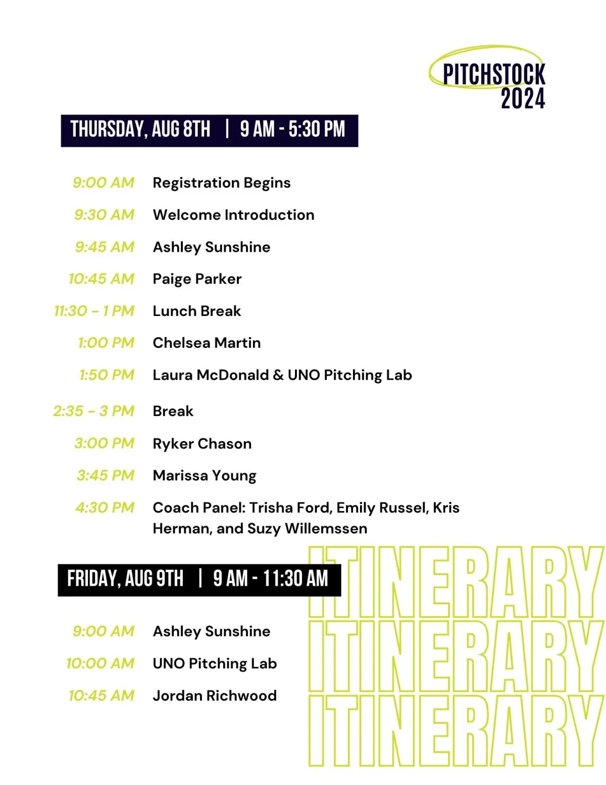 Pitchstock 2024 Itinerary