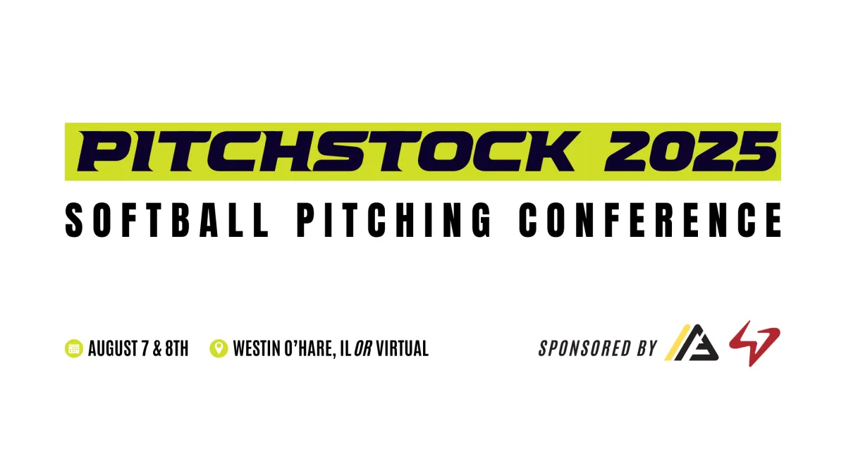 Pitchstock 2025 logo with bold navy and neon green colors. Text reads 'Softball Pitching Conference' underneath, with event dates August 7–8 and location at Westin O'Hare, IL or virtual.