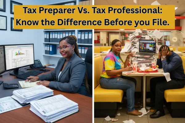 Split-screen image showing a professional tax advisor in an organized office contrasted with a chaotic, unqualified tax preparer in a messy setting.