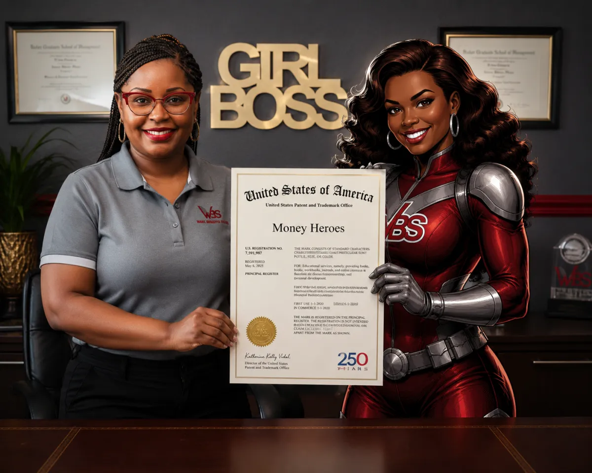 Donisha Wright holding the Money Heroes® trademark registration certificate after federal trademark approval.