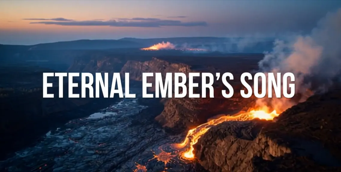 “Dramatic volcanic landscape with glowing lava flow at dusk – still from the short film Eternal Ember’s Song.”