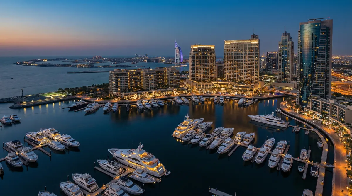 Dubai Marina aerial view with luxury waterfront towers and marina yachts at sunset