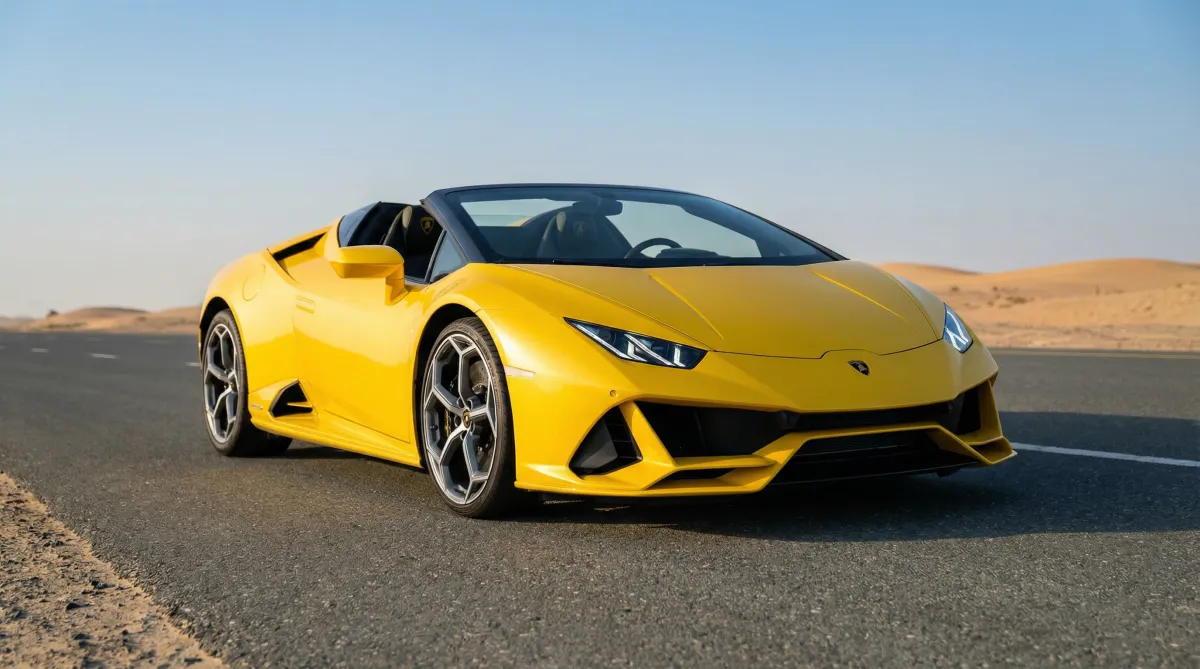 Yellow Lamborghini Huracan Evo Spyder parked on a Dubai desert roadside