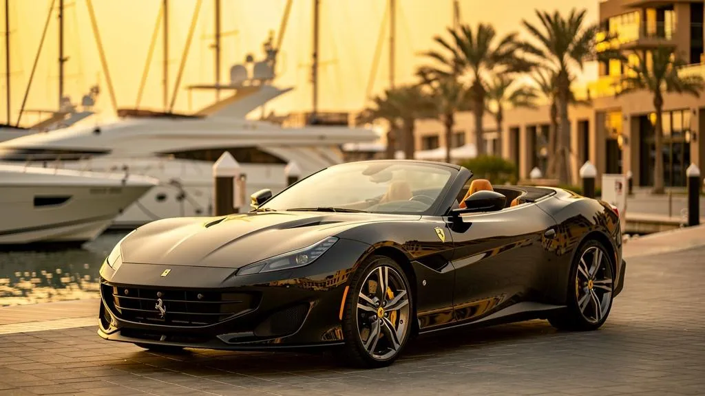Black Ferrari Portofino parked at Dubai marina luxury Ferrari rental Dubai