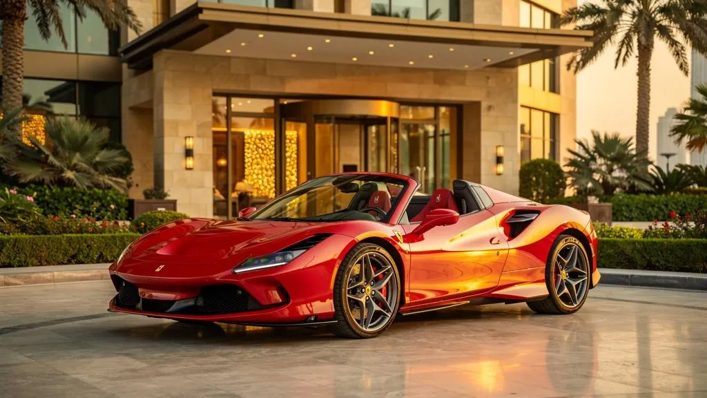 Red Ferrari F8 Tributo Spyder luxury supercar rental in Dubai outside modern villa