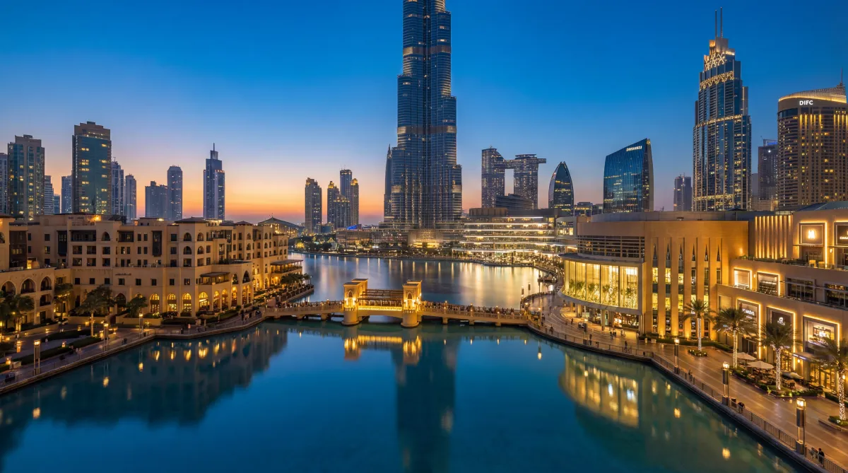 Dubai skyline at sunset near Burj Khalifa luxury Ferrari rental driving destination