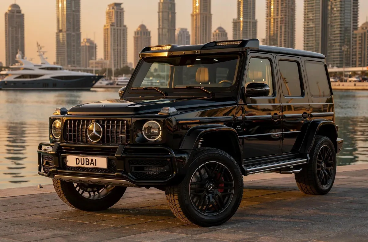 Black Mercedes G63 parked by Dubai Marina with luxury skyline in the background