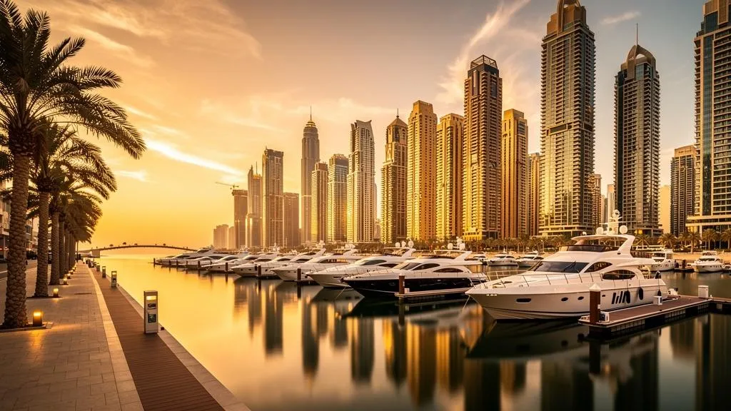 Dubai Marina waterfront with yachts and luxury towers at sunset