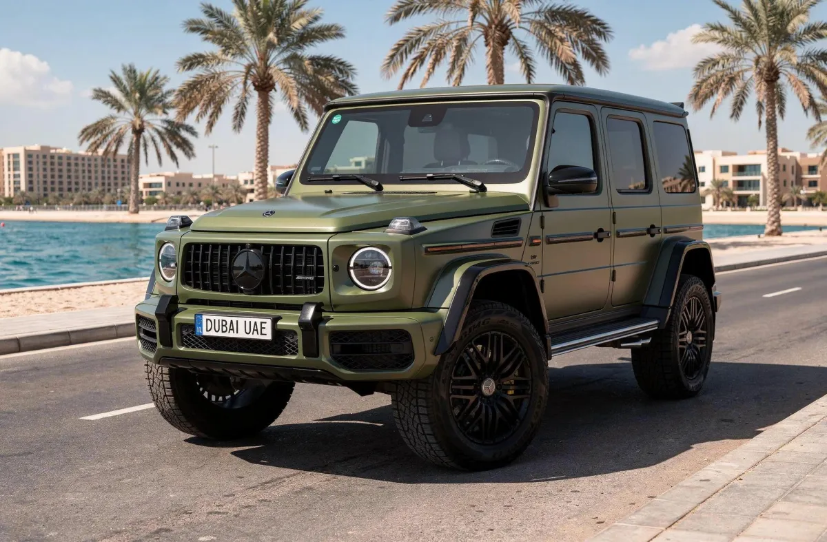 Olive green Mercedes AMG G63 parked on a palm-lined Dubai road
