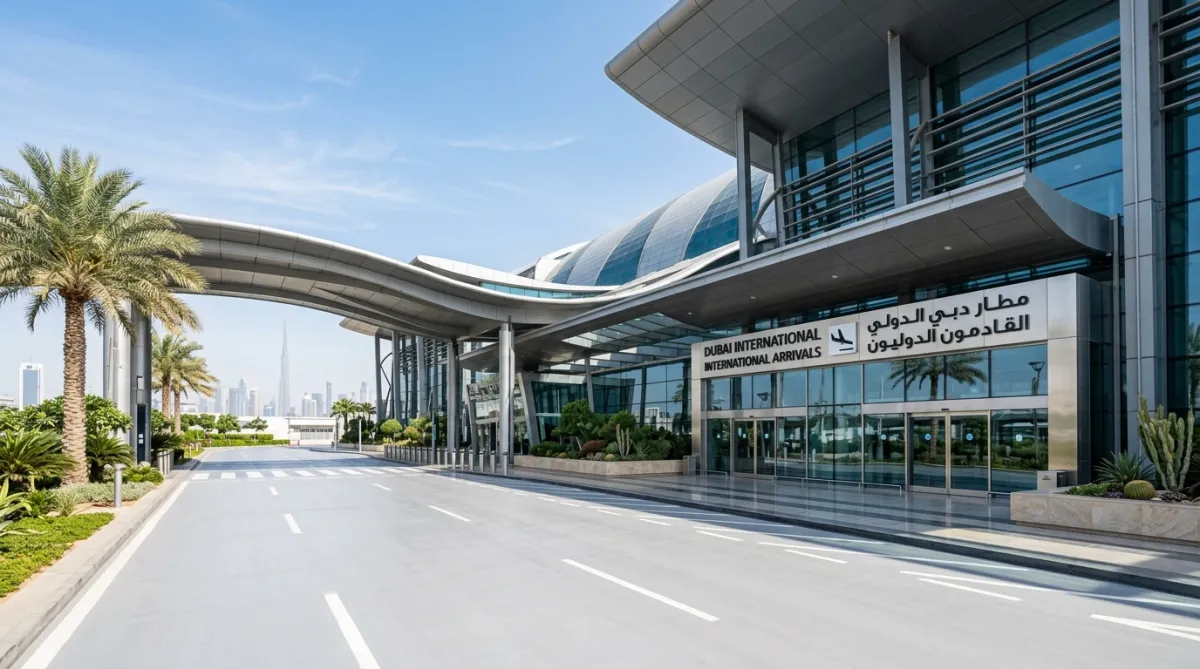 Modern Dubai airport terminal entrance with palm-lined road and contemporary architecture
