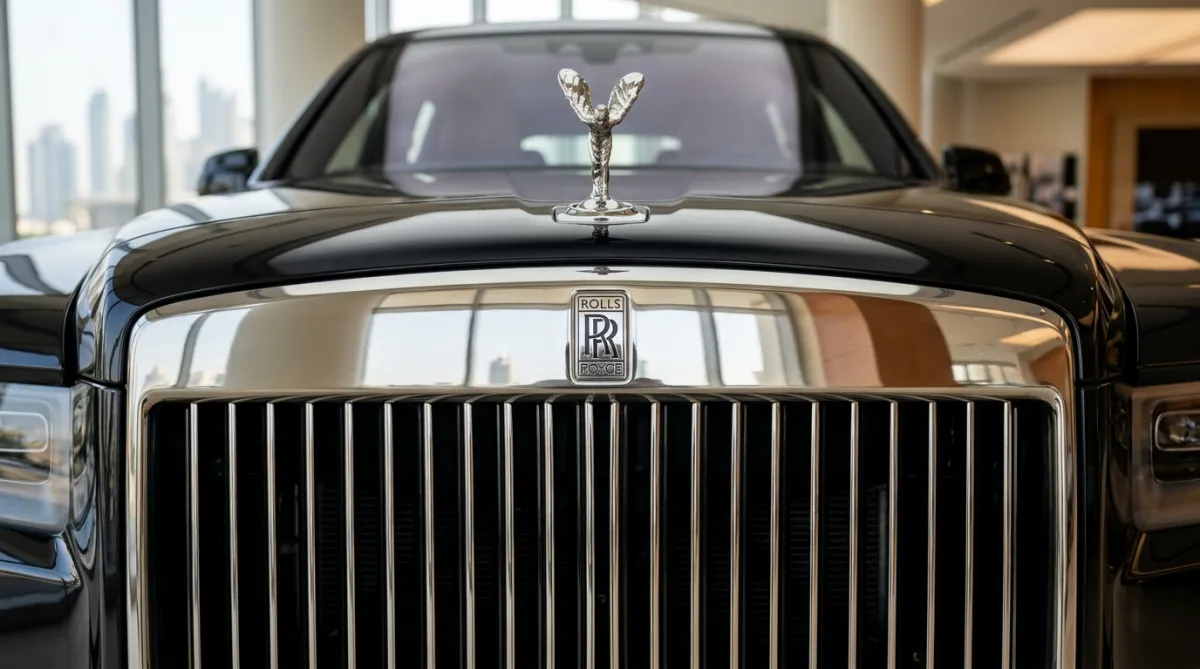 Front grille close-up of a black Rolls-Royce with Spirit of Ecstasy bonnet ornament