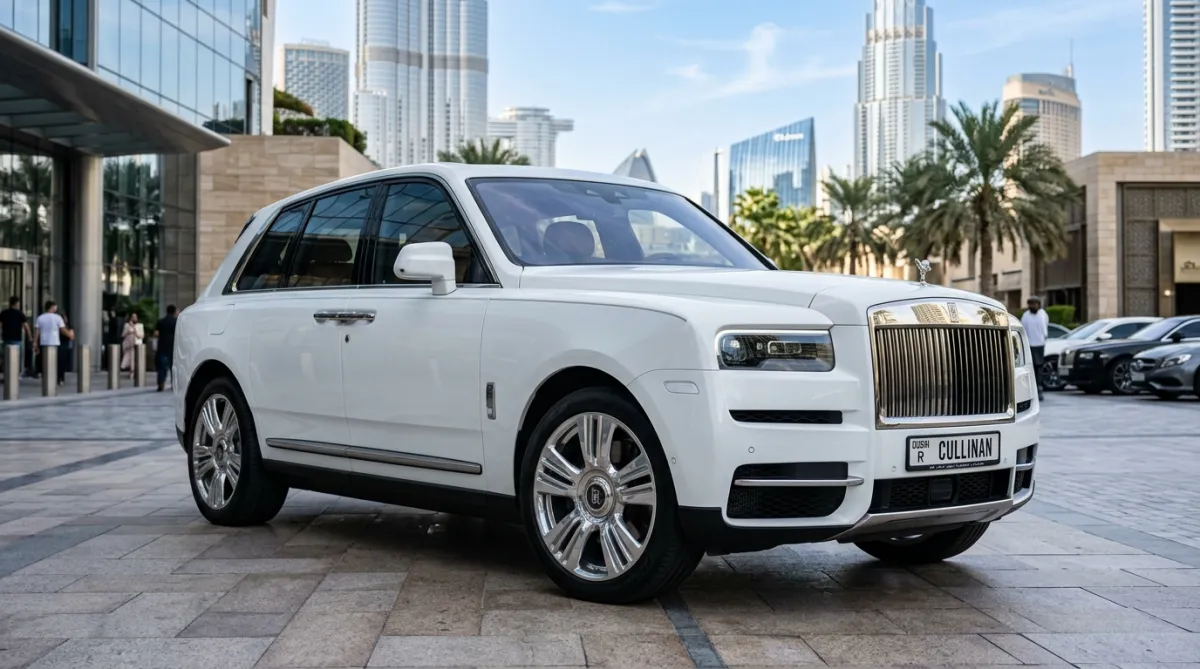 White Rolls-Royce Cullinan parked outside a luxury hotel in Downtown Dubai