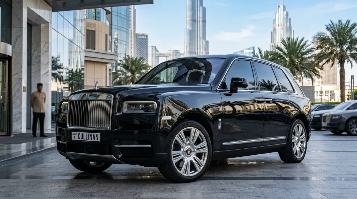 Black Rolls-Royce Cullinan parked outside a luxury Dubai hotel with skyline in the background