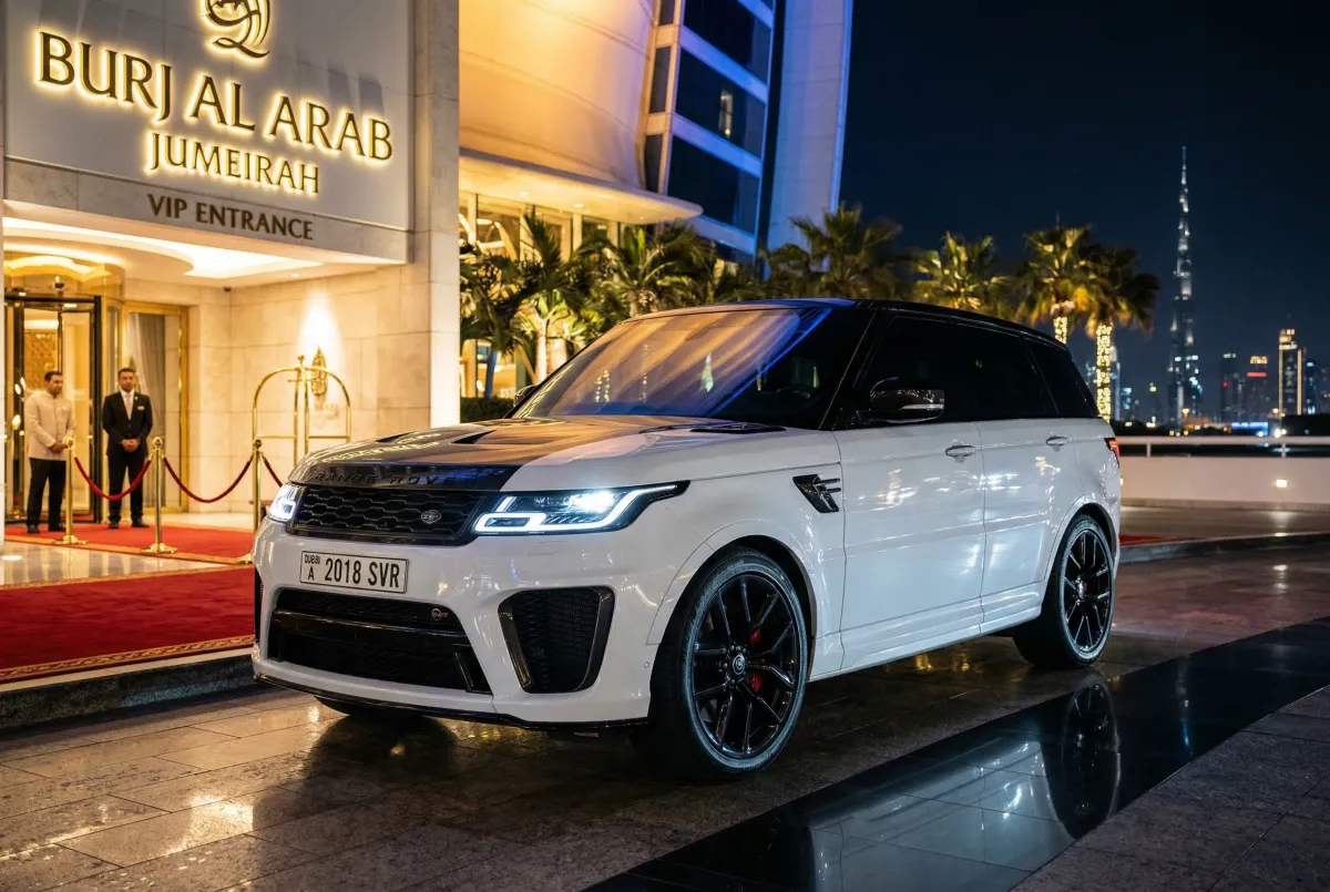 White Range Rover SVR parked outside Burj Al Arab Jumeirah VIP entrance at night