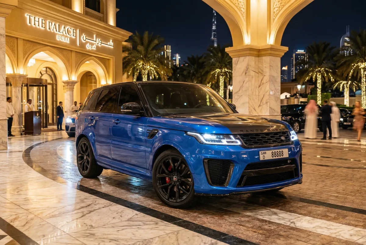 Blue Range Rover SVR parked outside a luxury Dubai hotel at night