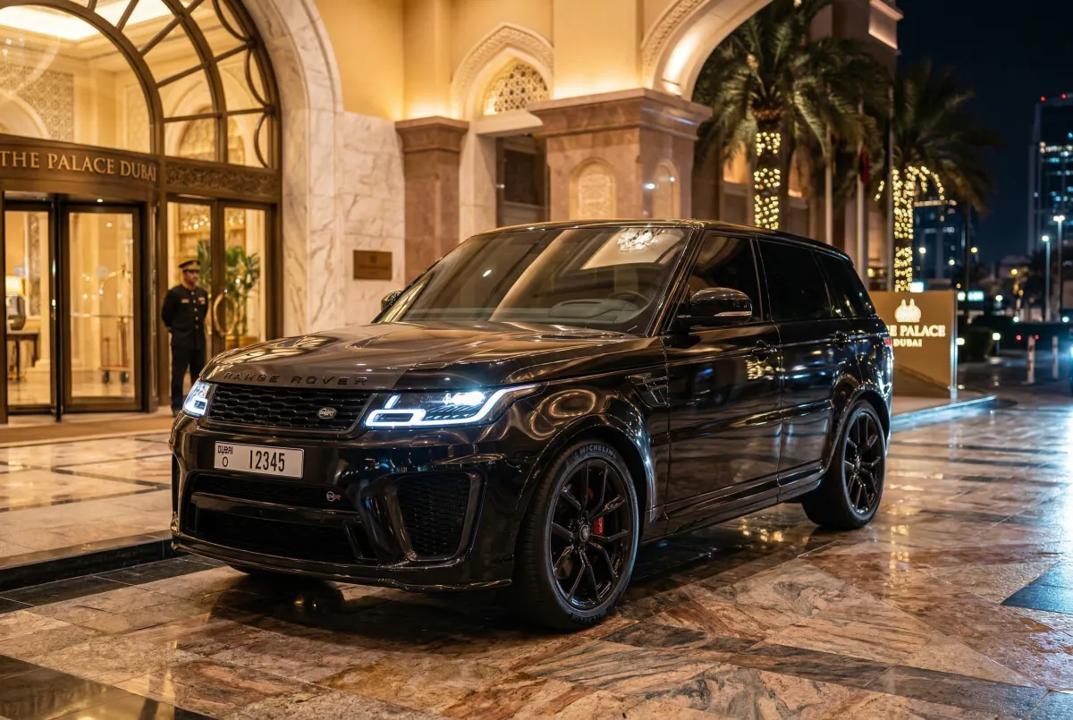 Black Range Rover SVR parked outside a luxury Dubai hotel entrance at night