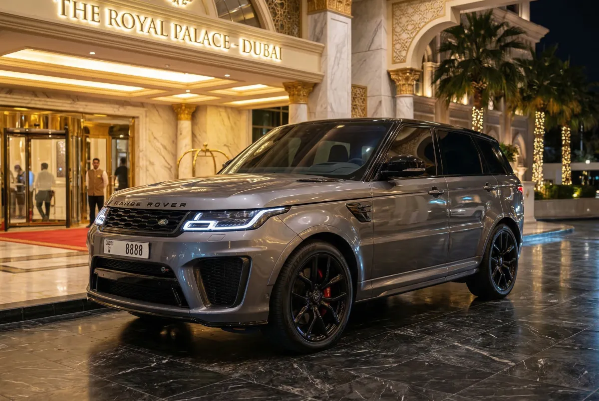 Grey Range Rover SVR parked outside The Royal Palace Dubai at night