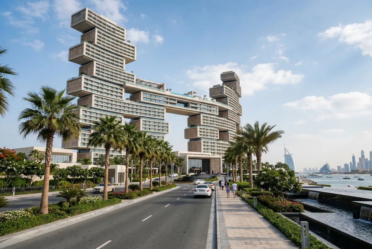 Palm-lined Dubai waterfront road with modern luxury apartments and sea views