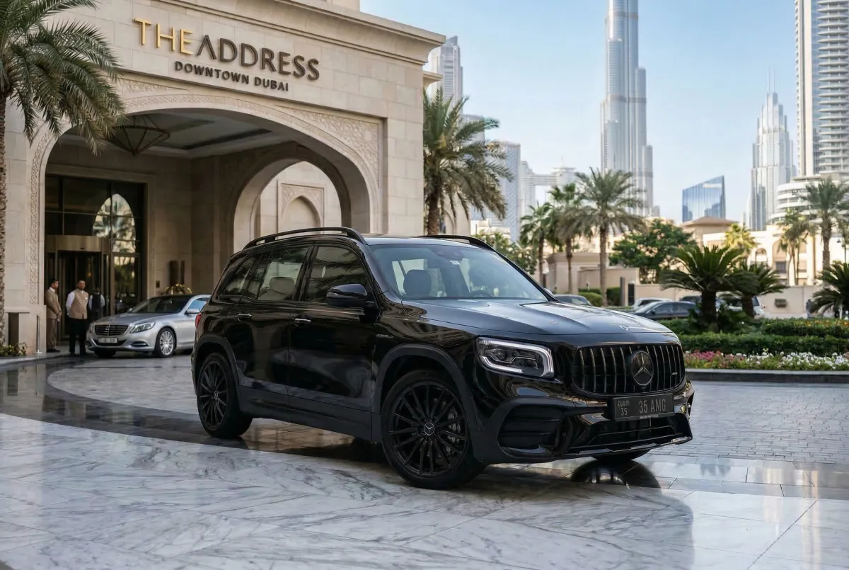 Black Mercedes GLB 35 AMG parked outside The Address Downtown Dubai with city skyline behind